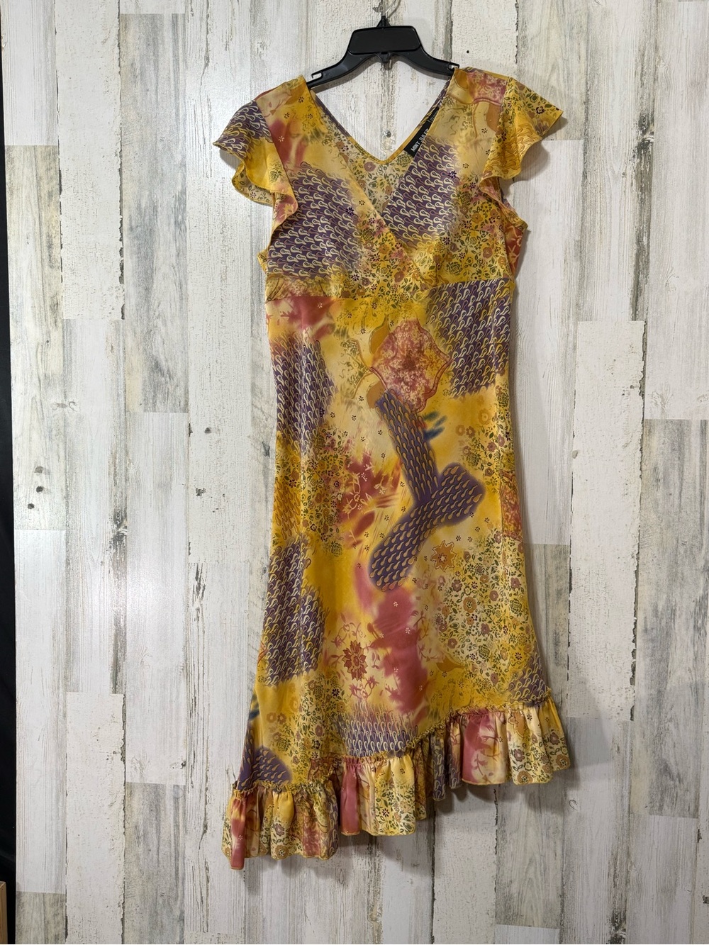 Vintage Y2K Gold and Purple Floral Asymmetrical Ruffle-Hem Midi Dress Sleeveless
